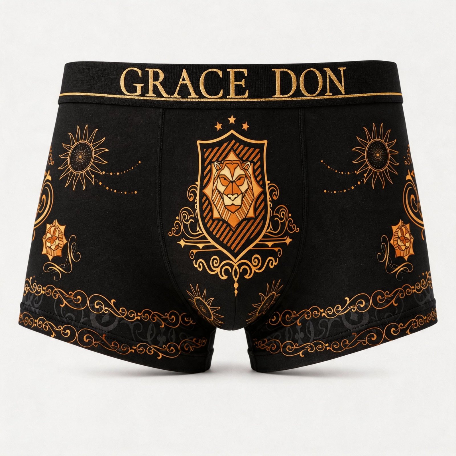 GRACE DON Glory black and gold lion crest boxer briefs, front view