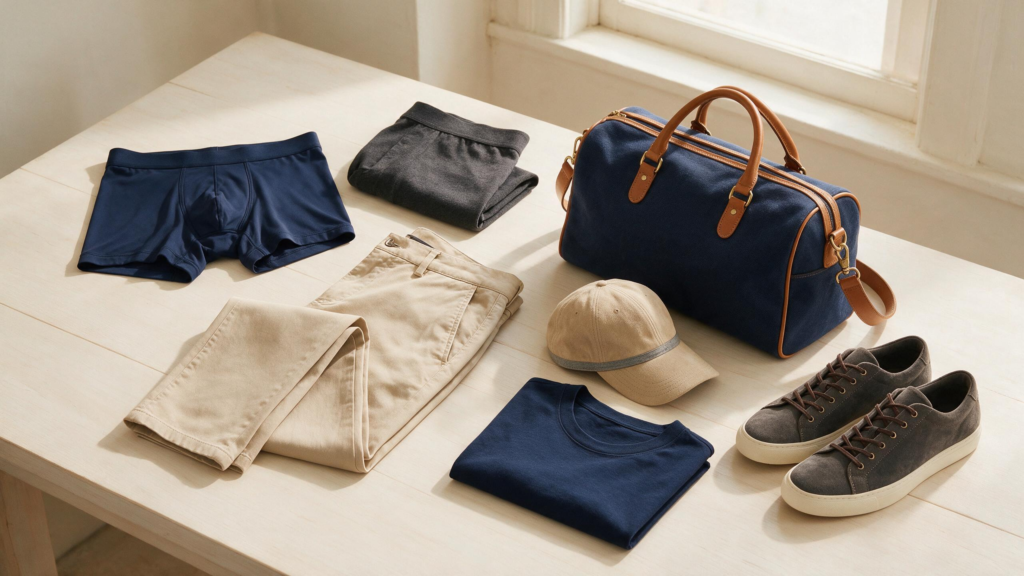Men’s underwear arranged with clothing and travel essentials
