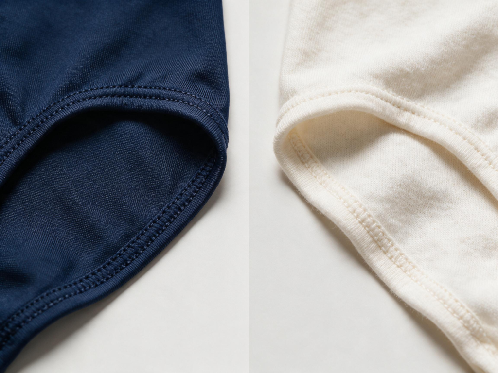 Close-up comparison of smooth nylon-spandex and soft cotton underwear fabric