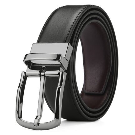 Black split cowhide belt with silver rotating buckle, coiled on a white background