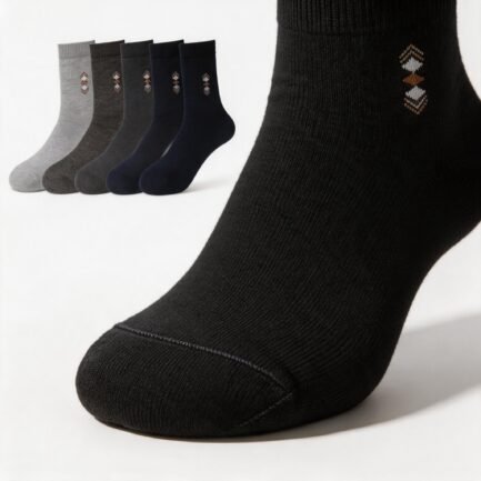 Black everyday crew sock close-up with five available colors on a white background