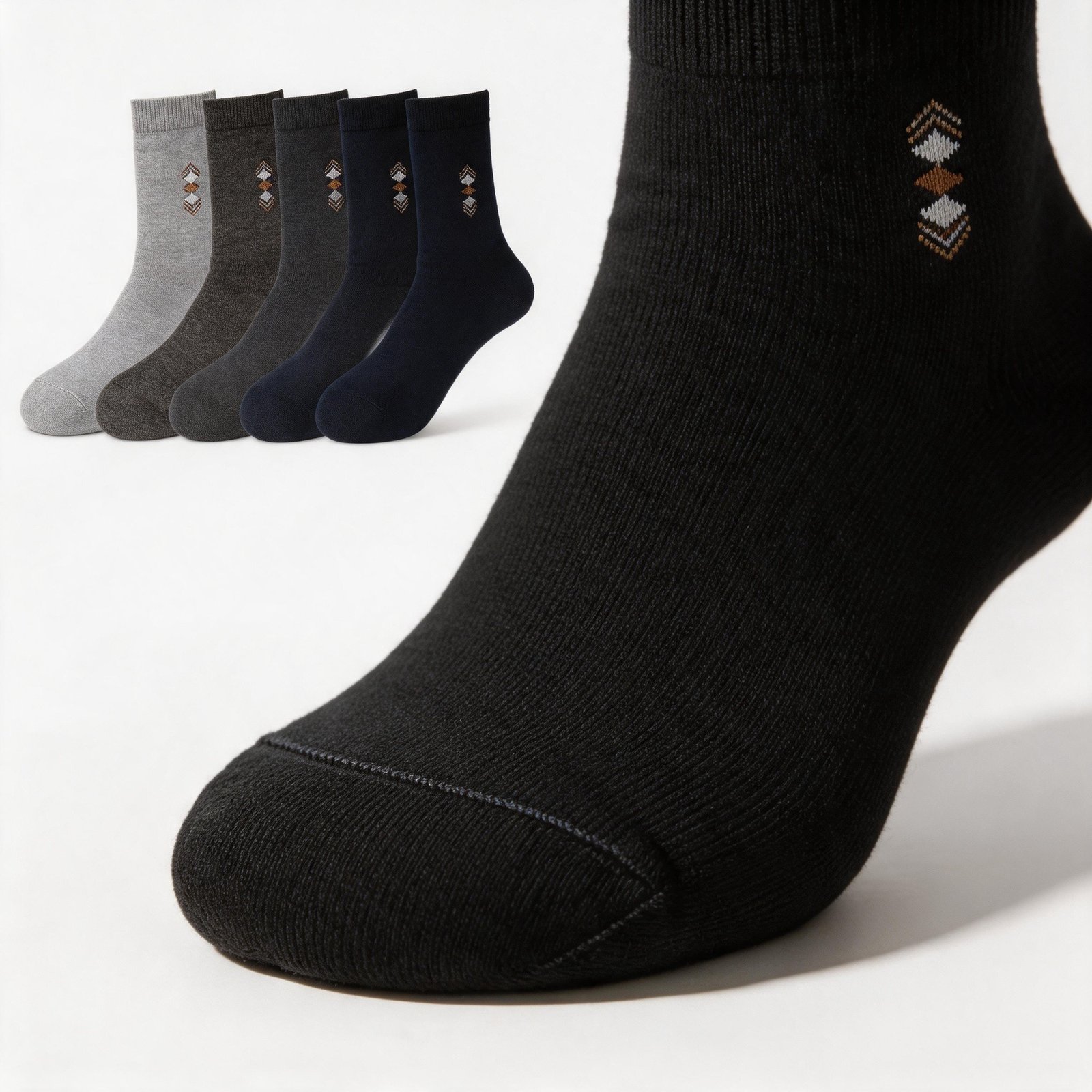 Black everyday crew sock close-up with five available colors on a white background