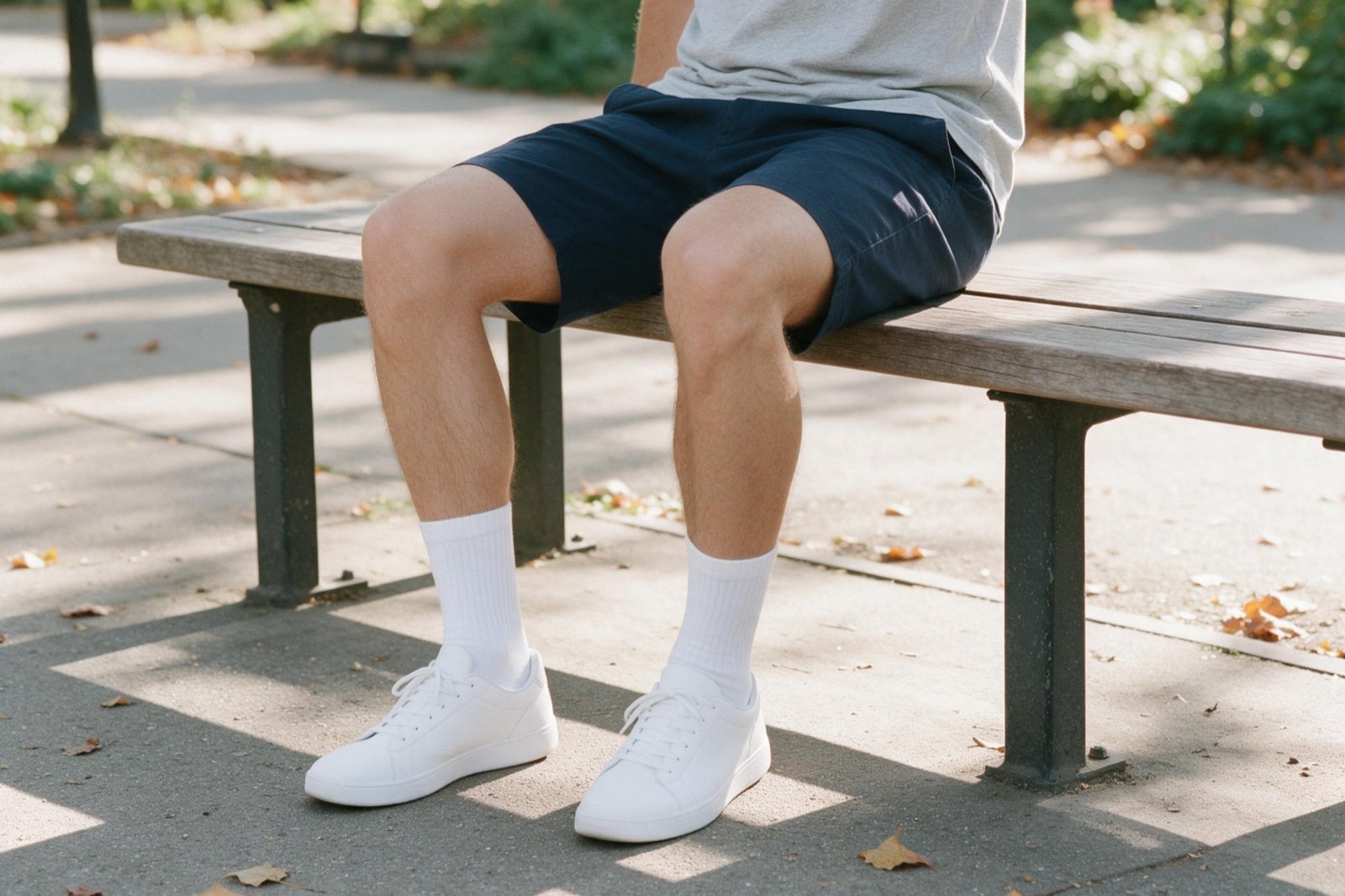 White crew socks and low-top sneakers worn with navy shorts while seated on a park bench.